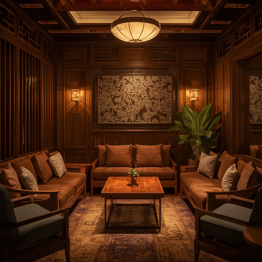 Comfortable lounge area with warm wooden furniture and ambient lighting