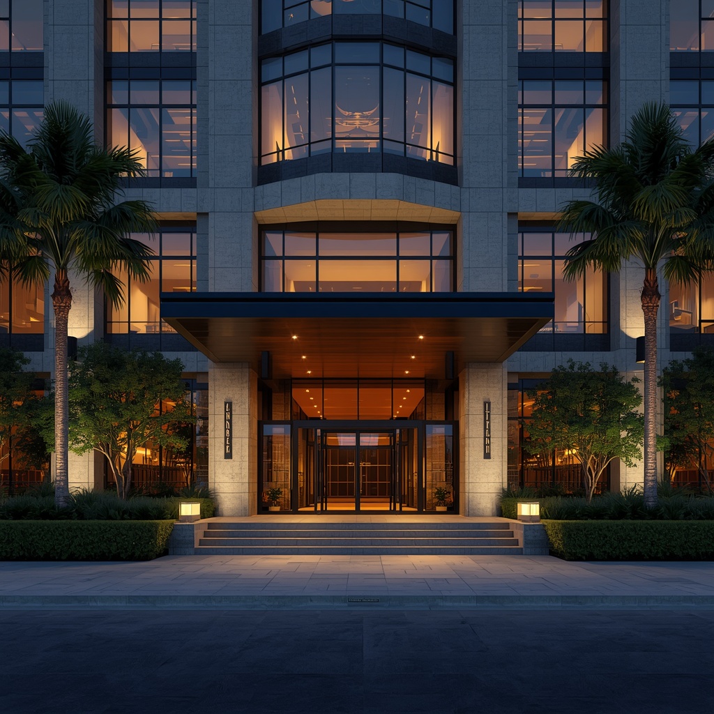 Grand modern building entrance with lush landscaping and warm sunset lighting